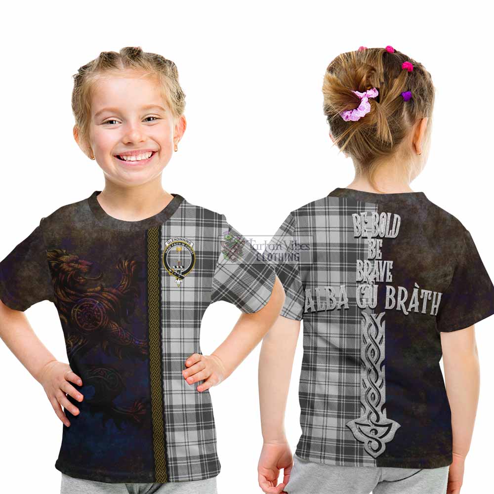 Tartan Vibes Clothing Glendinning Tartan Family Crest Kid T-Shirt Alba Gu Brath Be Brave Lion Ancient Style