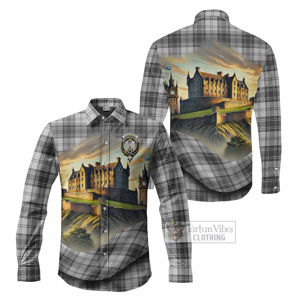 Tartan Vibes Clothing Glendinning Tartan Family Crest Long Sleeve Button Shirt with Scottish Ancient Castle Style