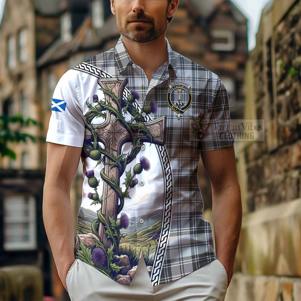 Glendinning Tartan Hawaiian Shirt with Family Crest and St. Andrew's Cross Accented by Thistle Vines - Tartan Vibes Clothing
