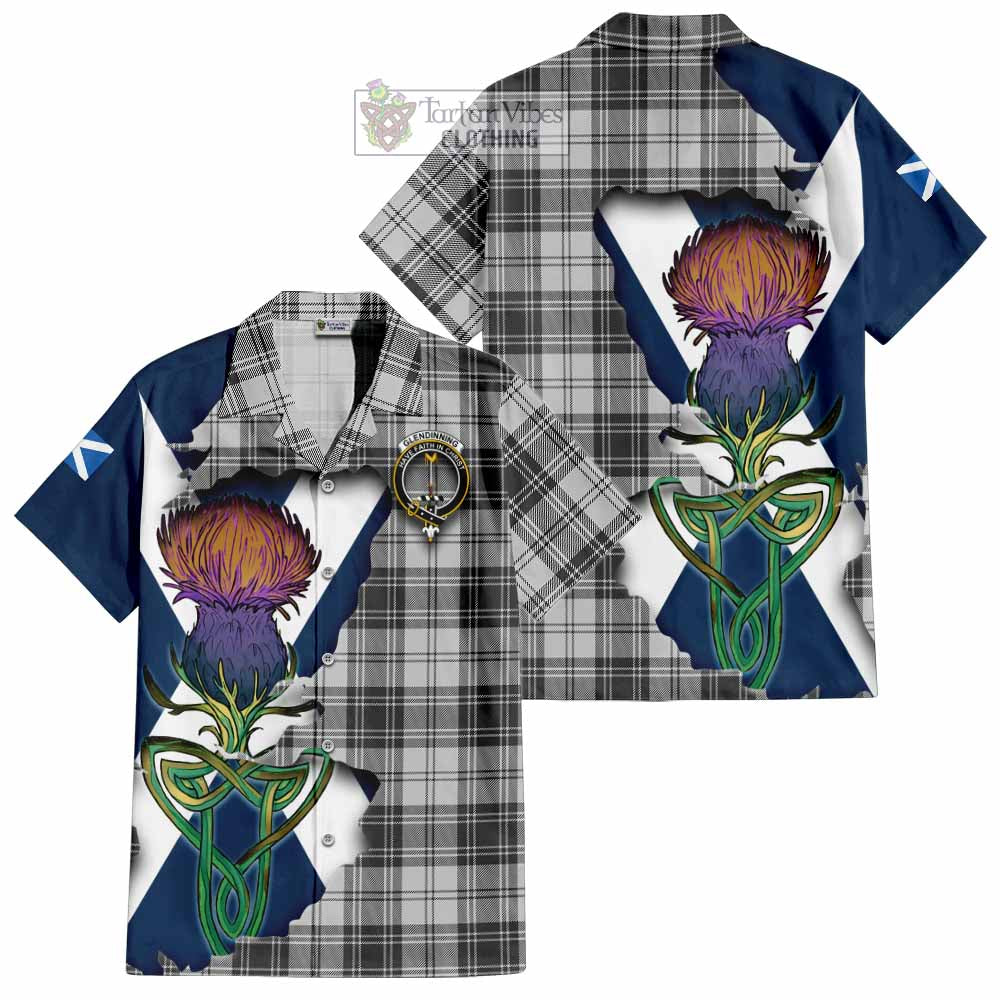Tartan Vibes Clothing Glendinning Tartan Family Crest Short Sleeve Button Shirt Scottish Thistle Celtic Inspired