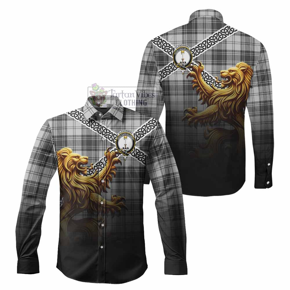 Glendinning Crest Tartan Long Sleeve Button Shirt with Golden Lion Emblem Celtic Style - Tartan Vibes Clothing