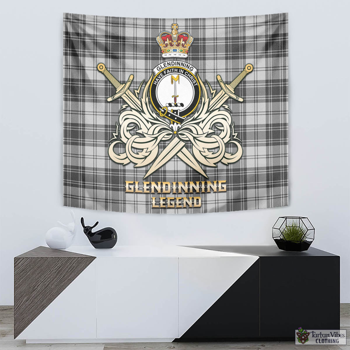 Glendinning Tartan Tapestry with Clan Crest and the Golden Sword of Courageous Legacy - Tartan Vibes Clothing
