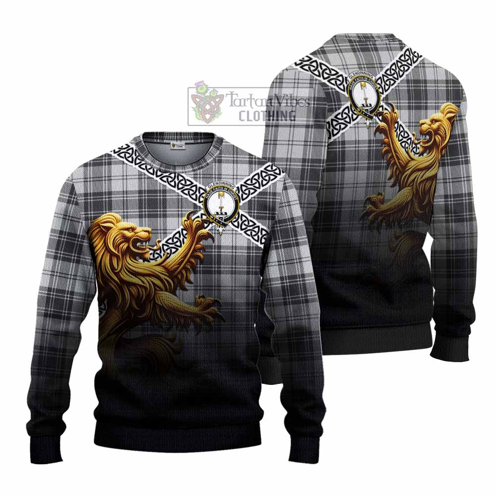 Glendinning Crest Tartan Knitted Sweater with Golden Lion Emblem Celtic Style - Tartan Vibes Clothing