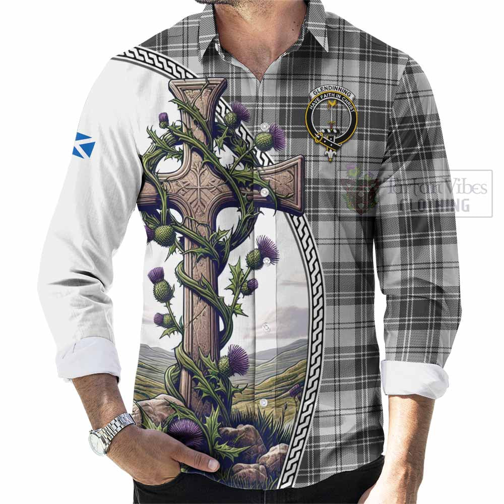Glendinning Tartan Long Sleeve Button Shirt with Family Crest and St. Andrew's Cross Accented by Thistle Vines - Tartan Vibes Clothing