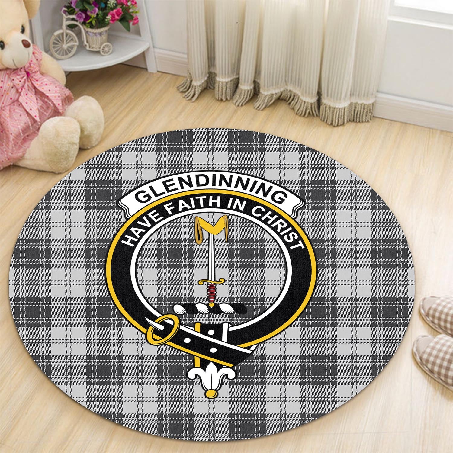 Glendinning Tartan Round Rug with Family Crest - Tartan Vibes Clothing