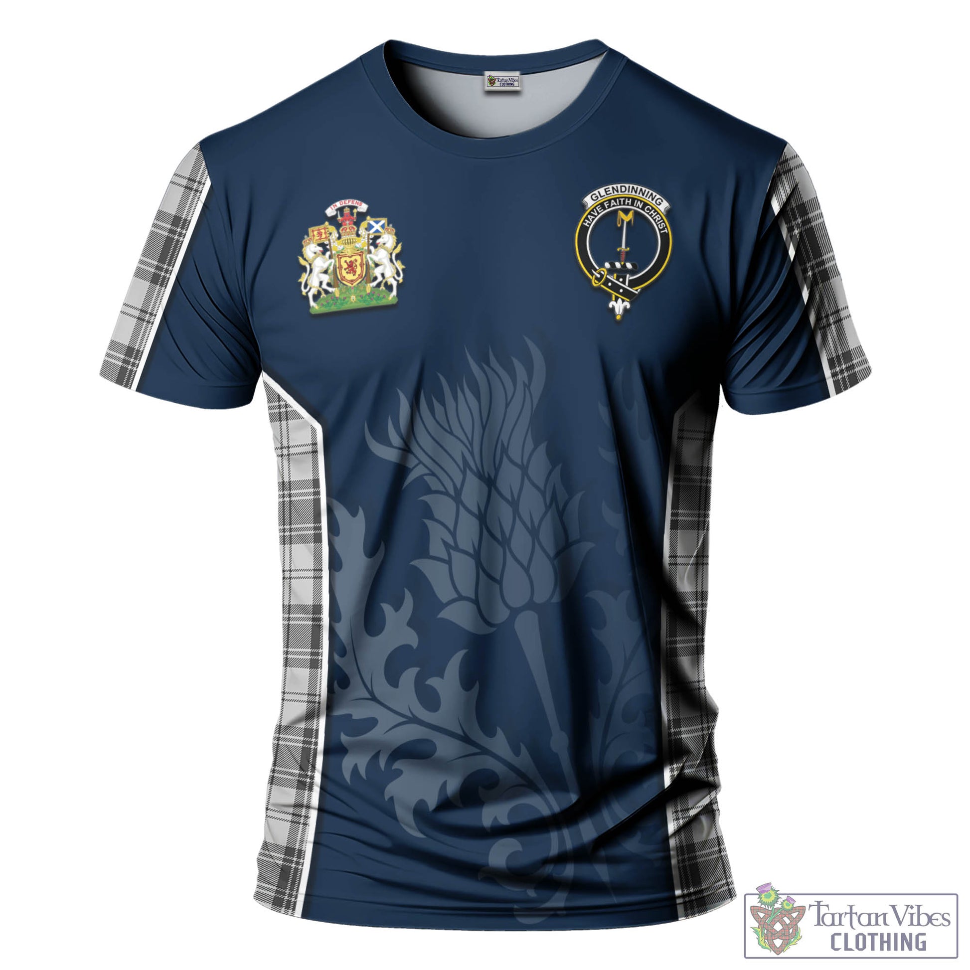 Glendinning Tartan T-Shirt with Family Crest and Scottish Thistle Vibes Sport Style - Tartan Vibes Clothing