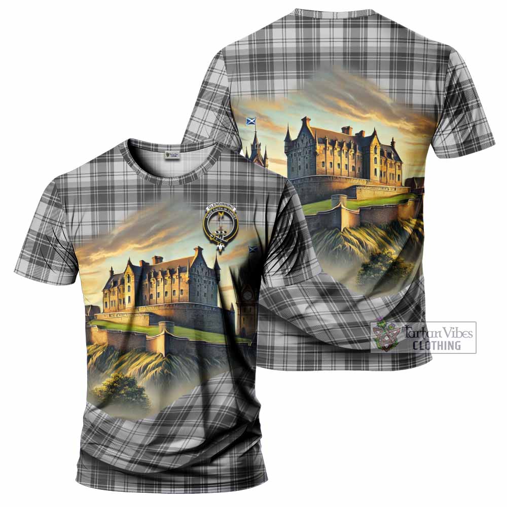Glendinning Tartan Family Crest T-Shirt with Scottish Ancient Castle Style - Tartan Vibes Clothing