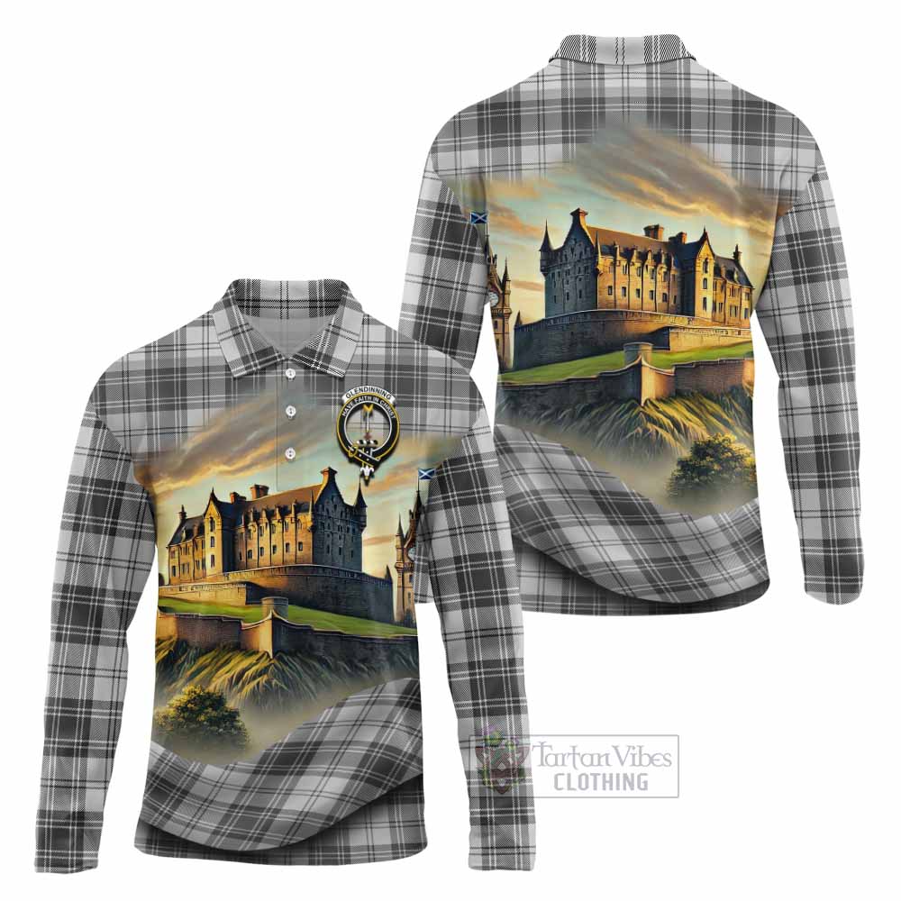 Glendinning Tartan Family Crest Long Sleeve Polo Shirt with Scottish Ancient Castle Style - Tartan Vibes Clothing
