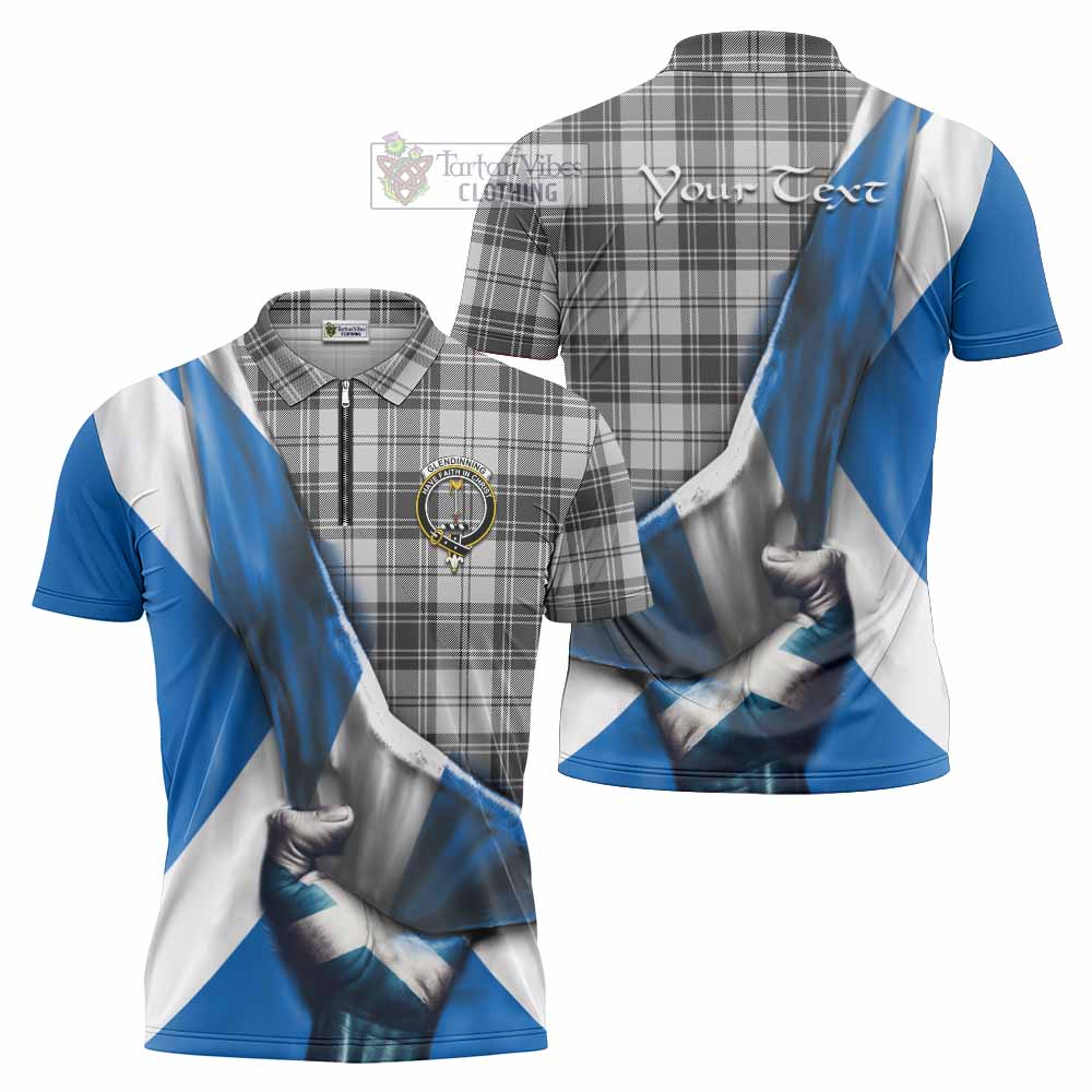 Tartan Vibes Clothing Glendinning Tartan Zipper Polo Shirt with Family Crest Scotland Patriotic Style