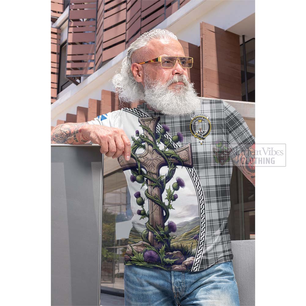 Tartan Vibes Clothing Glendinning Tartan Cotton T-shirt with Family Crest and St. Andrew's Cross Accented by Thistle Vines