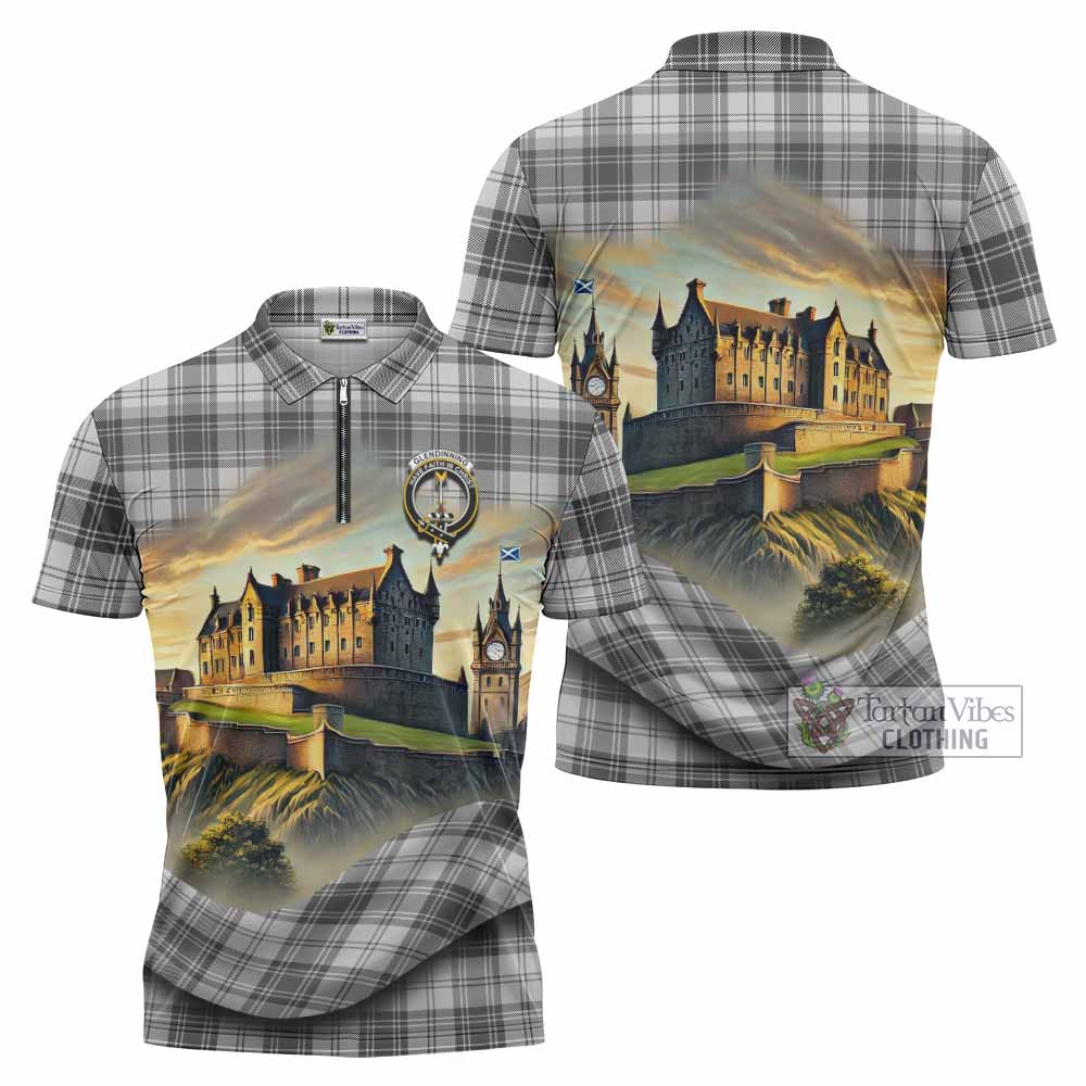 Glendinning Tartan Family Crest Zipper Polo Shirt with Scottish Ancient Castle Style - Tartan Vibes Clothing