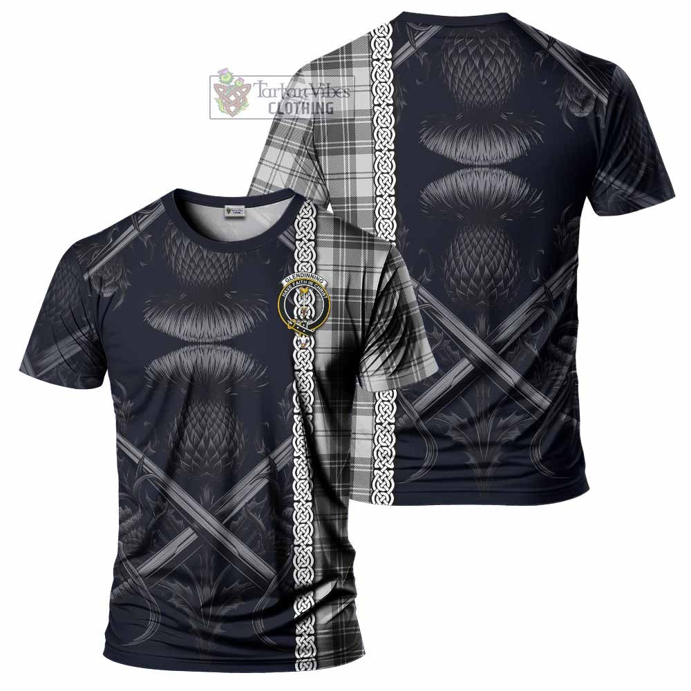 Glendinning Tartan T-Shirt with Family Crest Cross Sword Thistle Celtic Vibes - Tartan Vibes Clothing