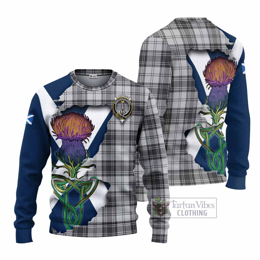 Tartan Vibes Clothing Glendinning Tartan Family Crest Knitted Sweater Scottish Thistle Celtic Inspired