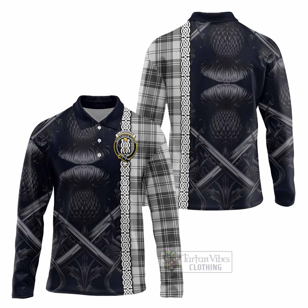 Glendinning Tartan Long Sleeve Polo Shirt with Family Crest Cross Sword Thistle Celtic Vibes - Tartan Vibes Clothing