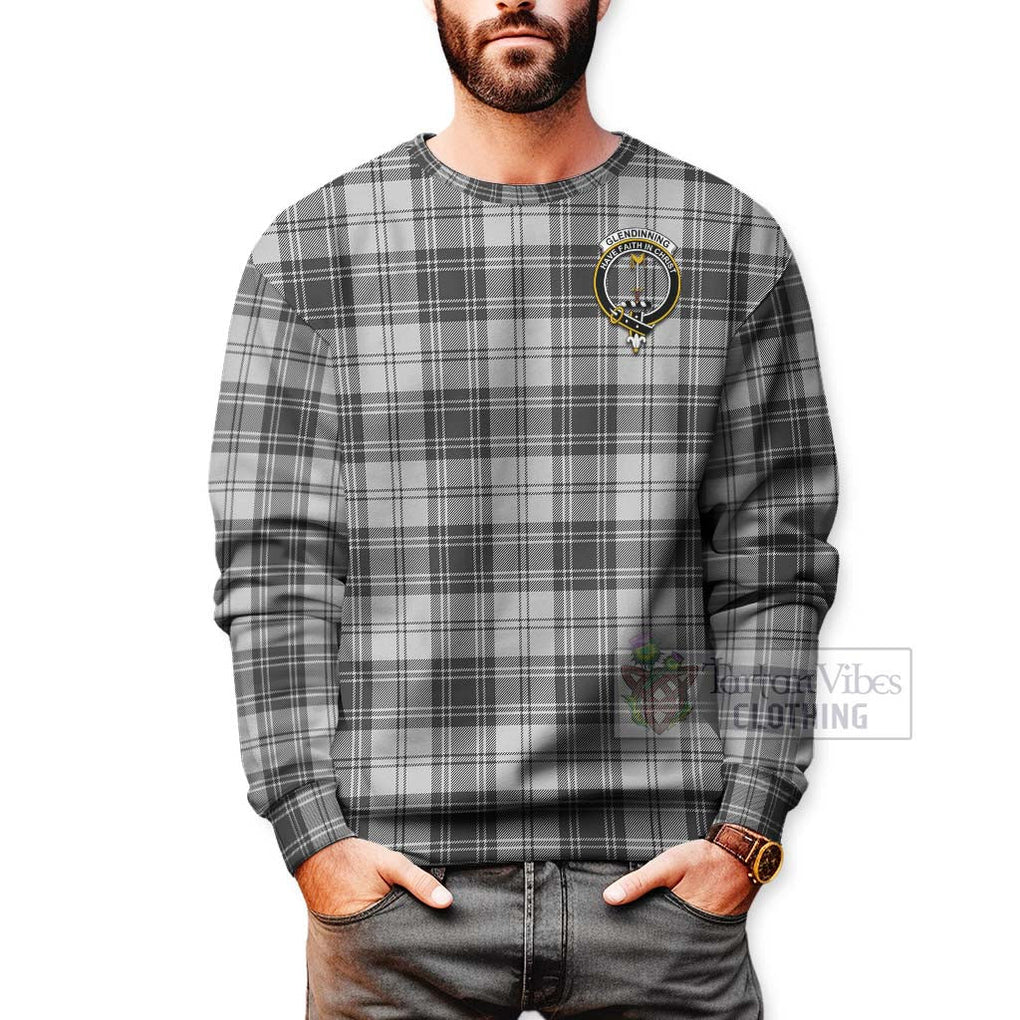 Glendinning Tartan Sweatshirt with Family Crest and Bearded Skull Holding Bottles of Whiskey - Tartan Vibes Clothing