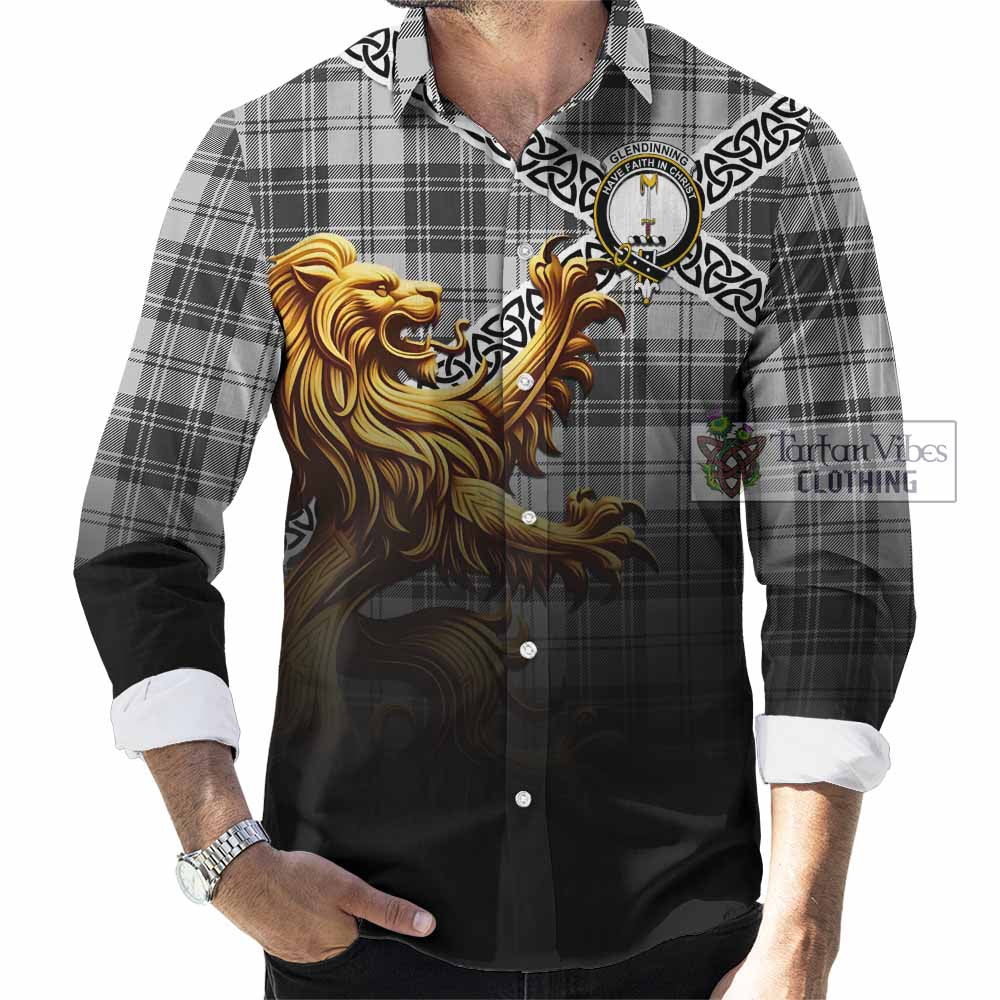 Glendinning Crest Tartan Long Sleeve Button Shirt with Golden Lion Emblem Celtic Style - Tartan Vibes Clothing