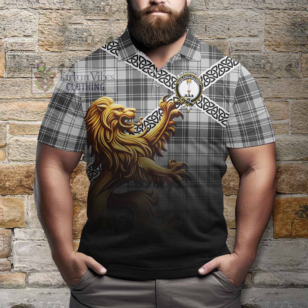 Glendinning Crest Tartan Polo Shirt with Golden Lion Emblem Celtic Style - Tartan Vibes Clothing