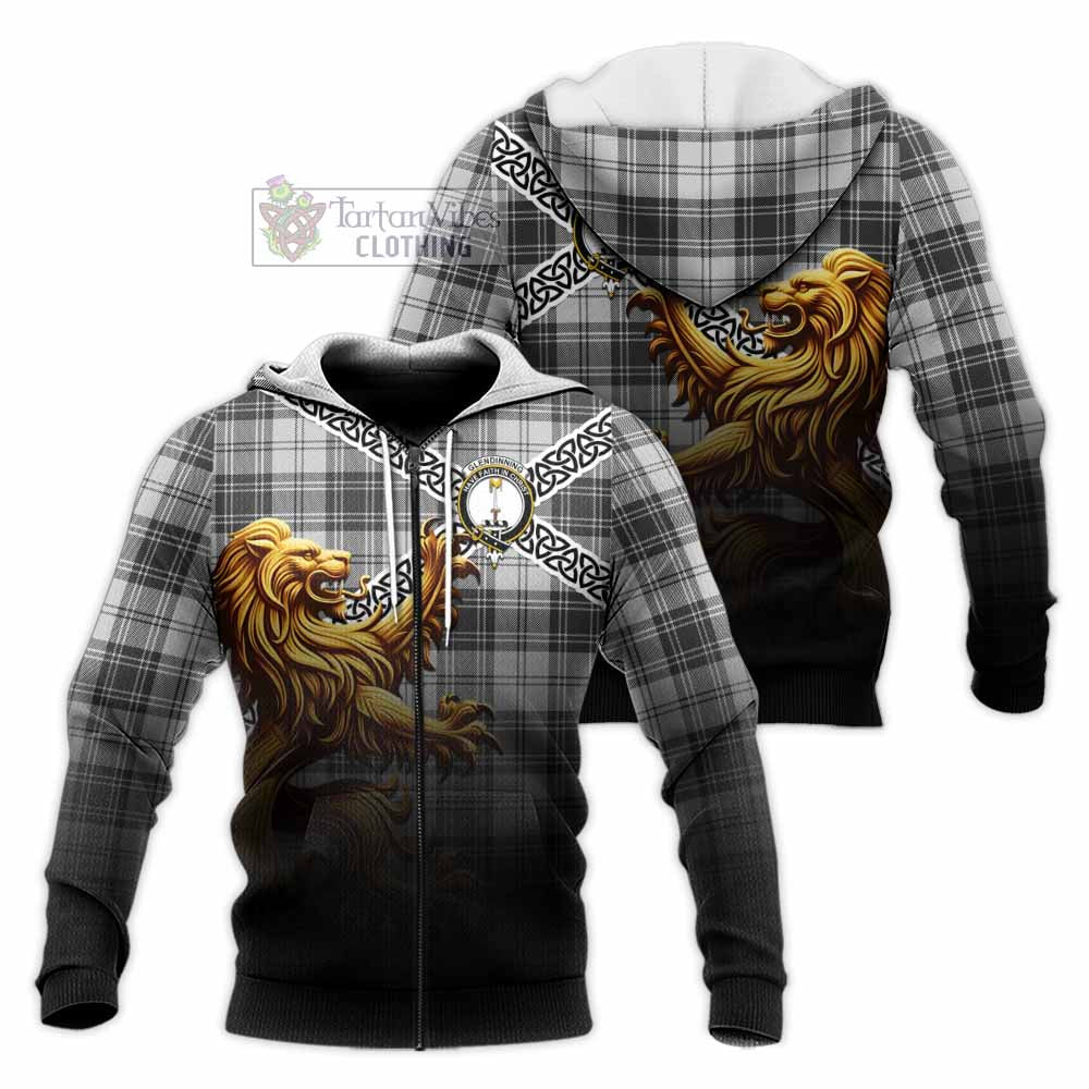 Glendinning Crest Tartan Knitted Hoodie with Golden Lion Emblem Celtic Style Unisex Knitted Zip Hoodie - Tartan Vibes Clothing