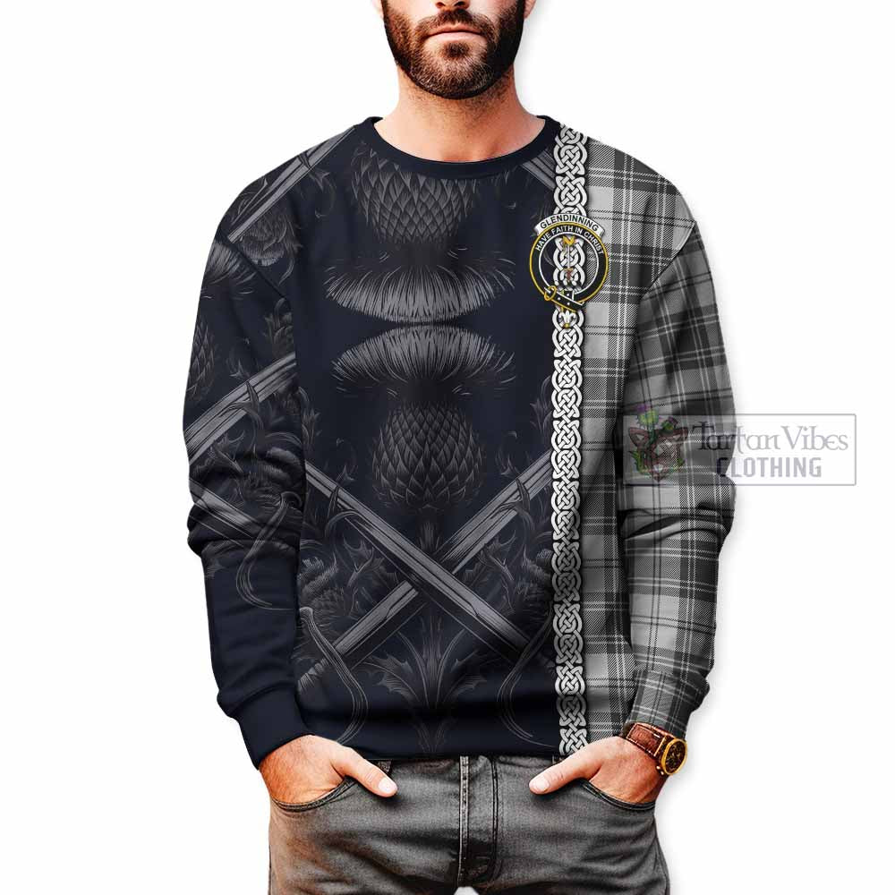 Glendinning Tartan Sweatshirt with Family Crest Cross Sword Thistle Celtic Vibes - Tartan Vibes Clothing