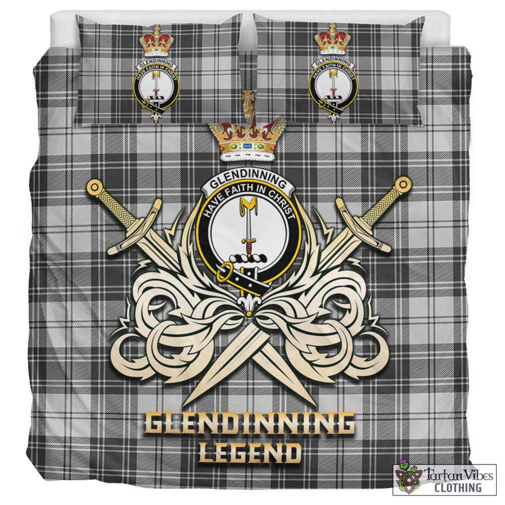 Tartan Vibes Clothing Glendinning Tartan Bedding Set with Clan Crest and the Golden Sword of Courageous Legacy