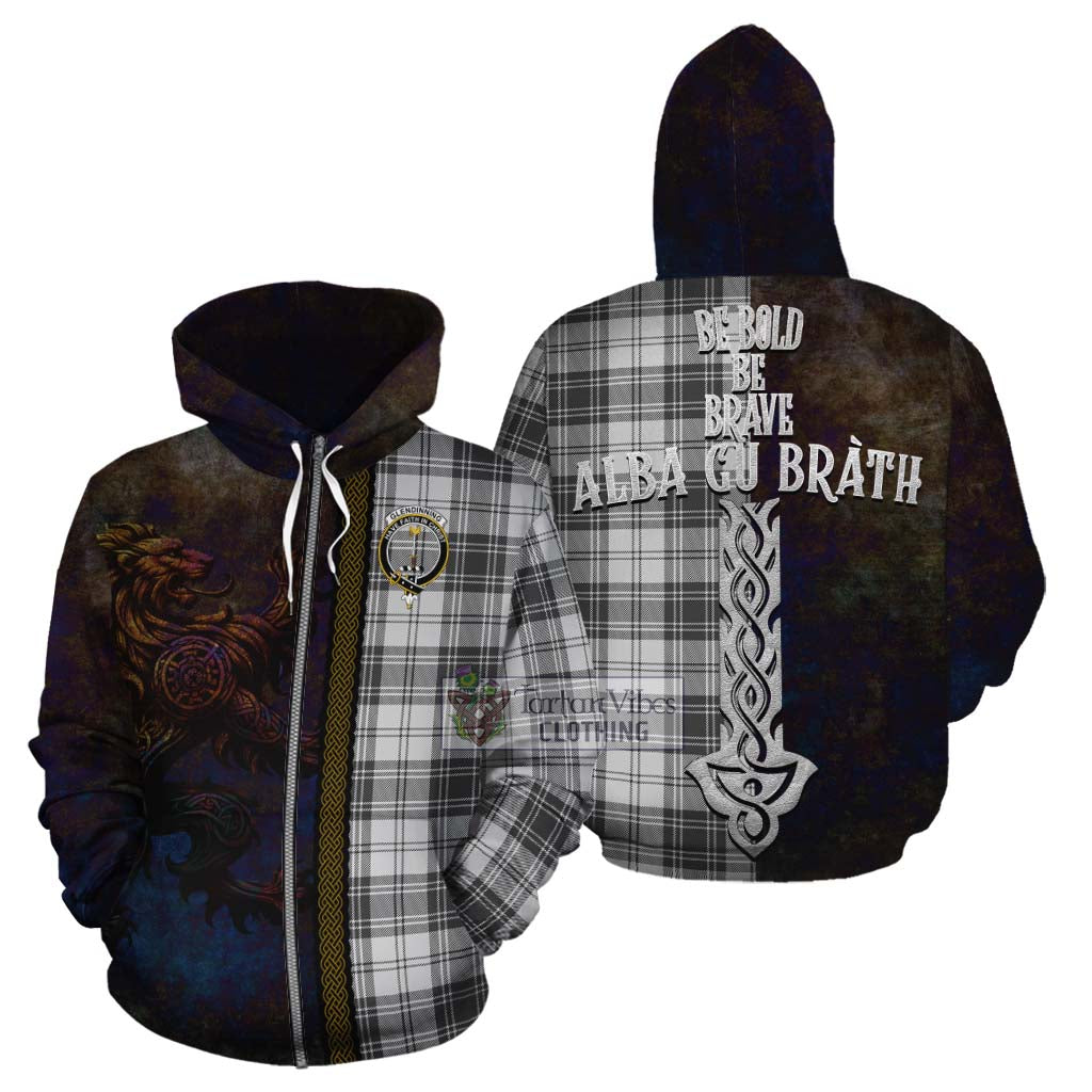 Tartan Vibes Clothing Glendinning Tartan Family Crest Cotton Hoodie Alba Gu Brath Be Brave Lion Ancient Style