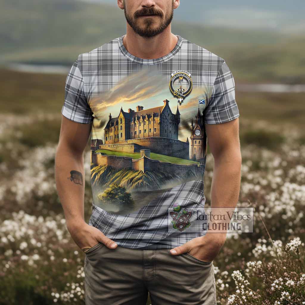 Glendinning Tartan Family Crest T-Shirt with Scottish Ancient Castle Style - Tartan Vibes Clothing