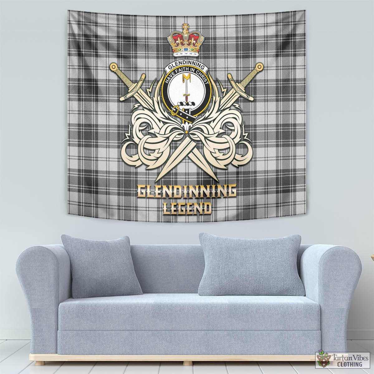 Glendinning Tartan Tapestry with Clan Crest and the Golden Sword of Courageous Legacy - Tartan Vibes Clothing
