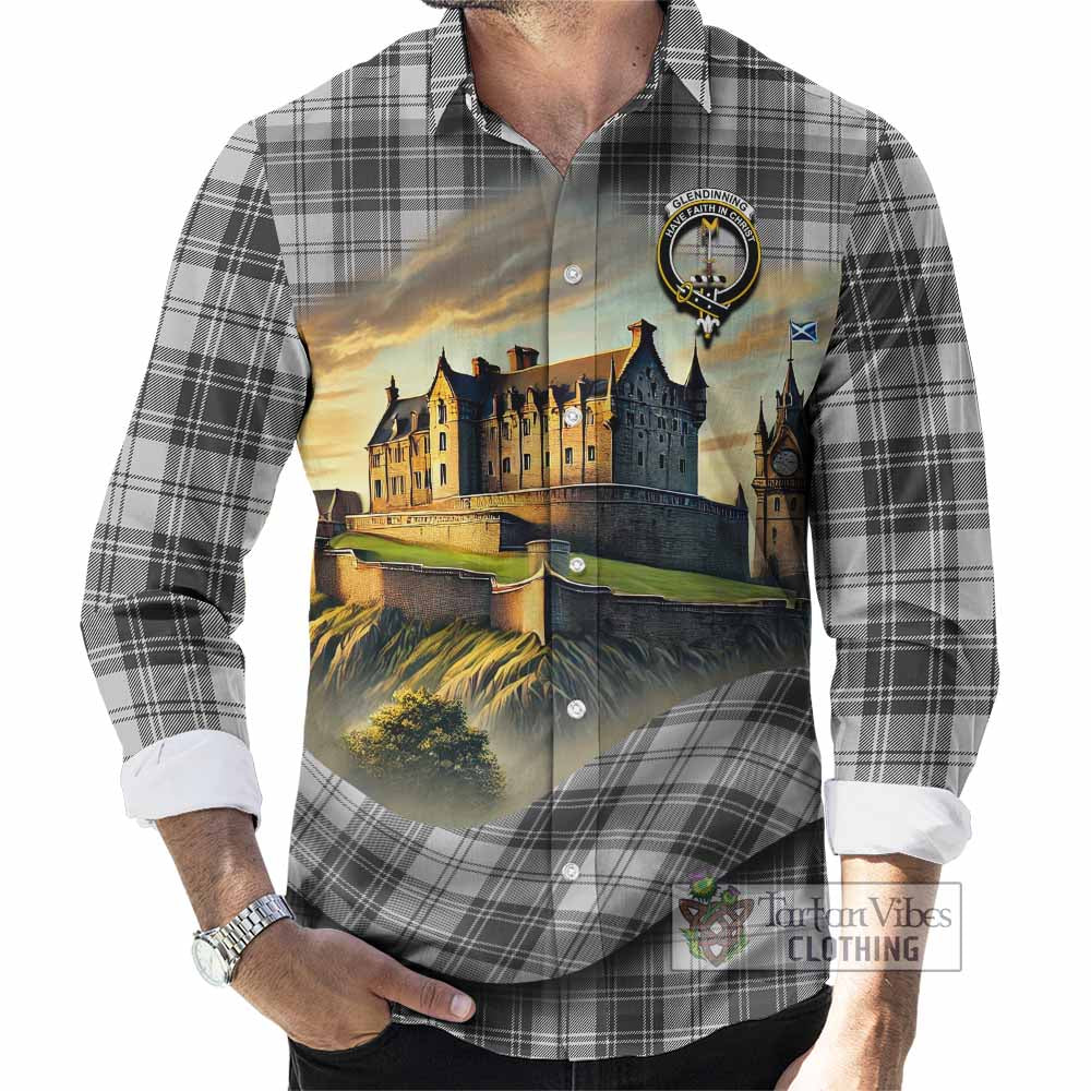 Tartan Vibes Clothing Glendinning Tartan Family Crest Long Sleeve Button Shirt with Scottish Ancient Castle Style