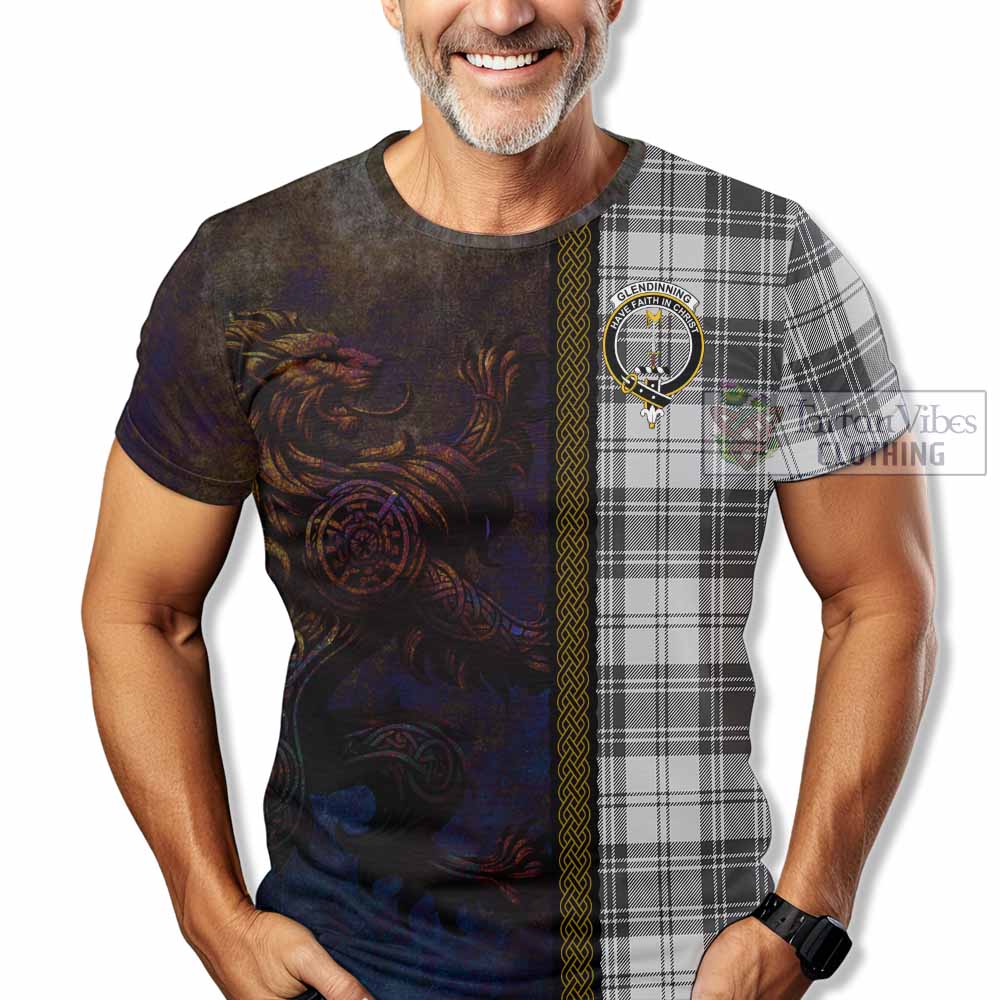 Tartan Vibes Clothing Glendinning Tartan Family Crest T-Shirt Alba Gu Brath Be Brave Lion Ancient Style