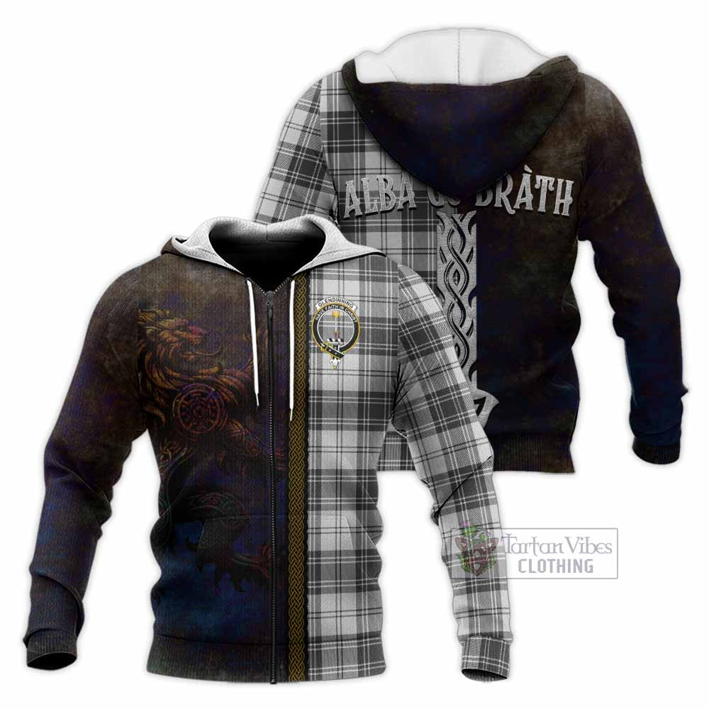 Tartan Vibes Clothing Glendinning Tartan Family Crest Knitted Hoodie Alba Gu Brath Be Brave Lion Ancient Style