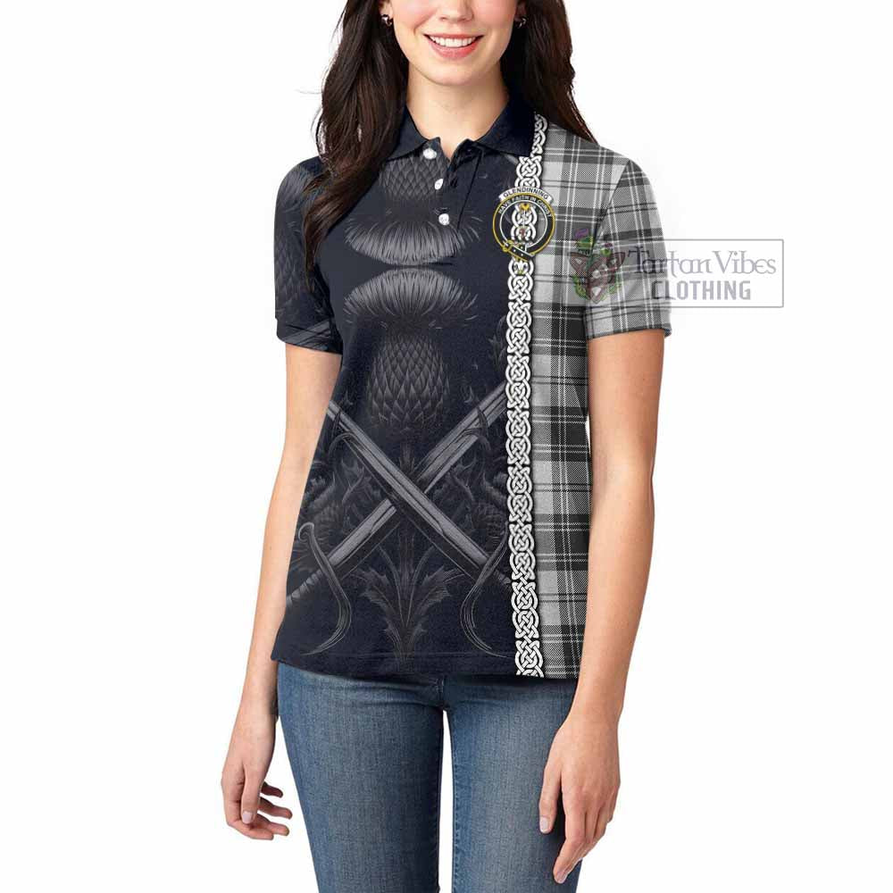 Glendinning Tartan Women's Polo Shirt with Family Crest Cross Sword Thistle Celtic Vibes - Tartan Vibes Clothing