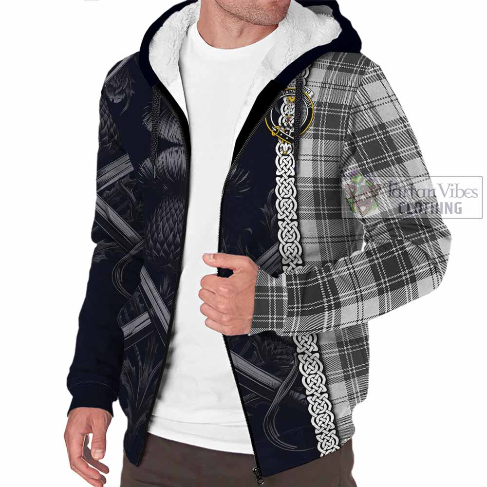 Glendinning Tartan Sherpa Hoodie with Family Crest Cross Sword Thistle Celtic Vibes - Tartan Vibes Clothing