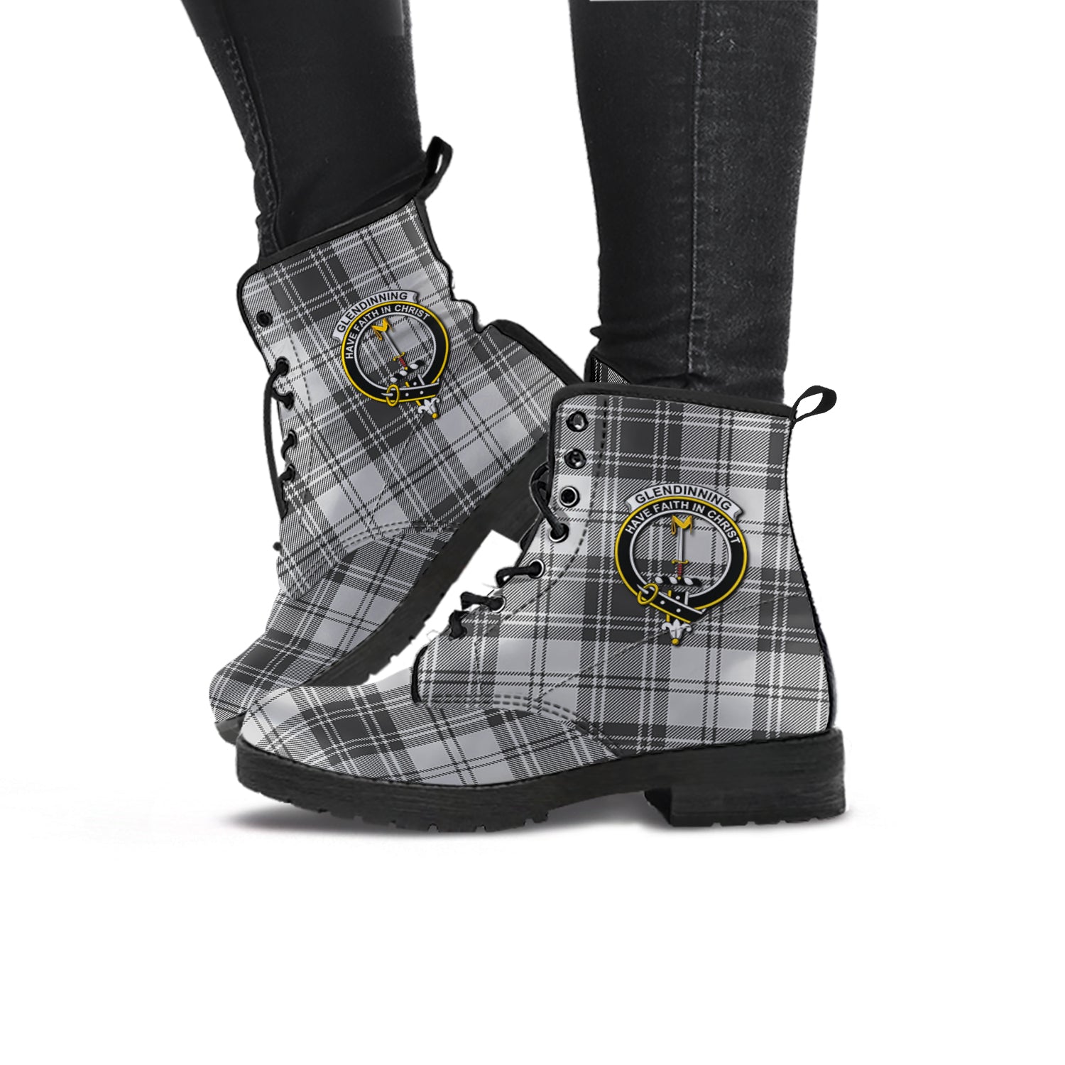 Glendinning Tartan Leather Boots with Family Crest - Tartan Vibes Clothing