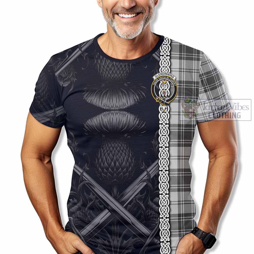 Glendinning Tartan T-Shirt with Family Crest Cross Sword Thistle Celtic Vibes - Tartan Vibes Clothing
