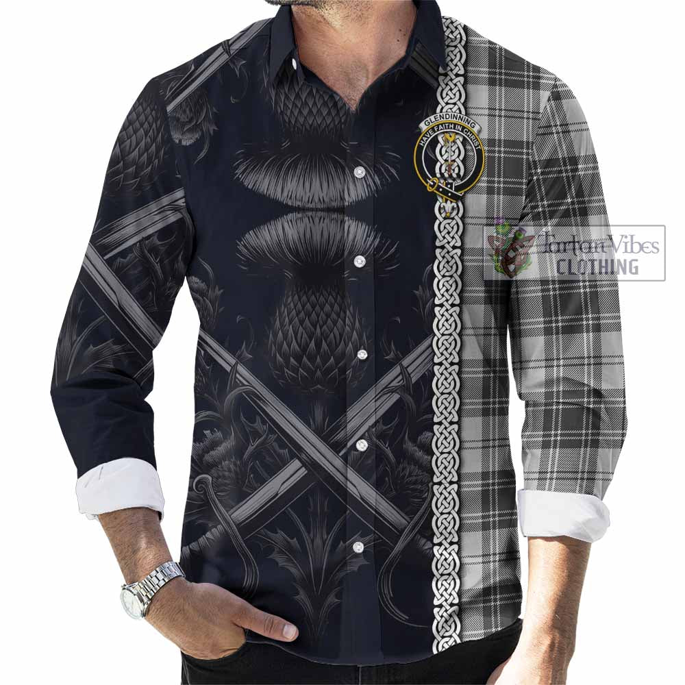 Tartan Vibes Clothing Glendinning Tartan Long Sleeve Button Shirt with Family Crest Cross Sword Thistle Celtic Vibes
