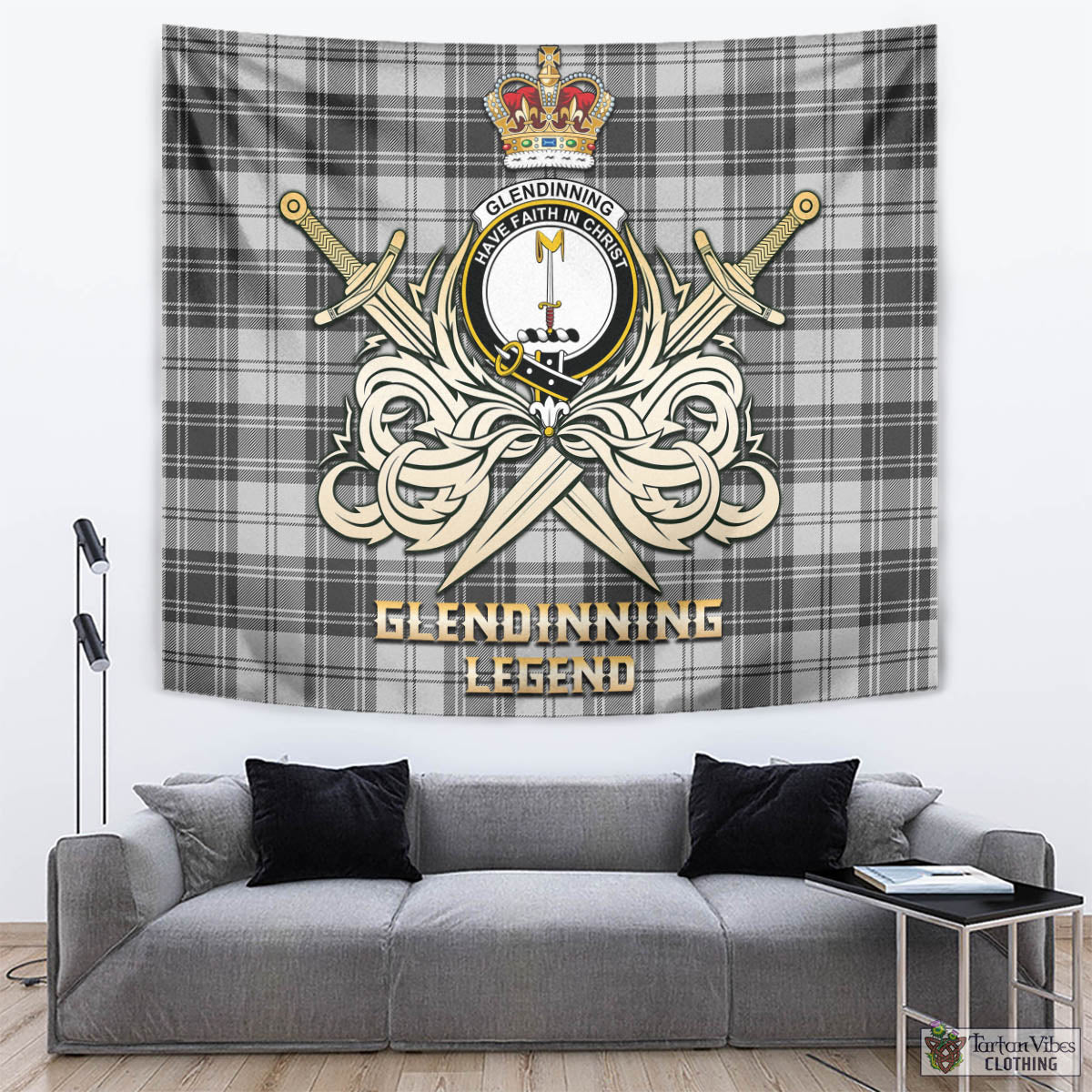 Glendinning Tartan Tapestry with Clan Crest and the Golden Sword of Courageous Legacy - Tartan Vibes Clothing
