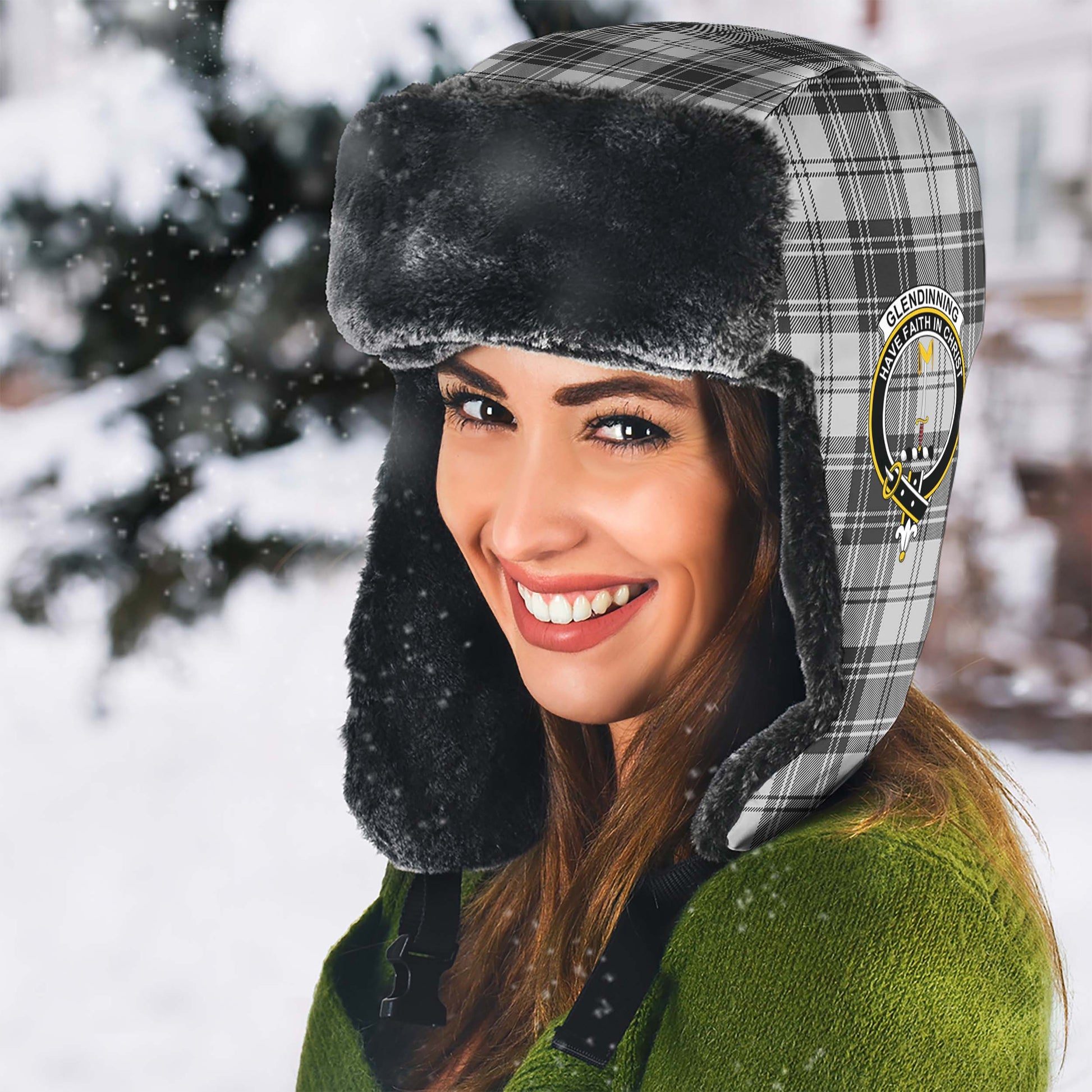Glendinning Tartan Winter Trapper Hat with Family Crest - Tartan Vibes Clothing