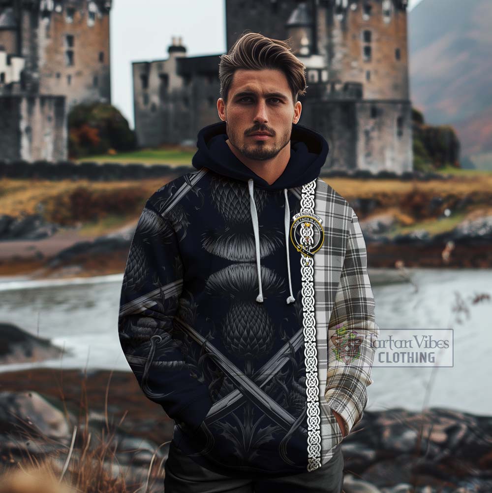 Glendinning Tartan Cotton Hoodie with Family Crest Cross Sword Thistle Celtic Vibes - Tartan Vibes Clothing