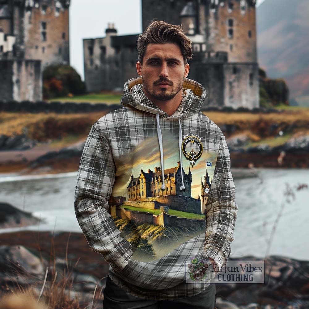 Glendinning Tartan Family Crest Cotton Hoodie with Scottish Ancient Castle Style - Tartan Vibes Clothing