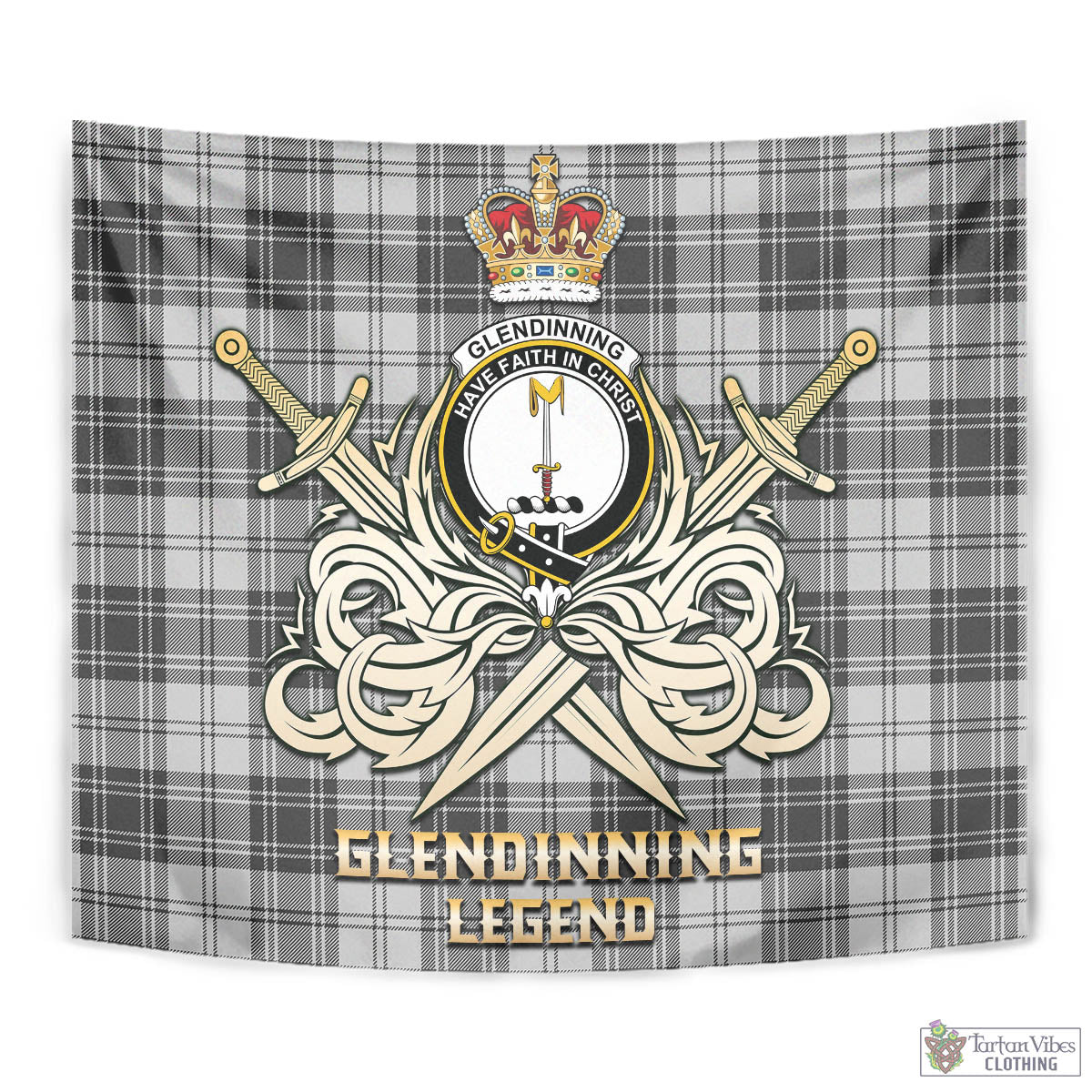 Glendinning Tartan Tapestry with Clan Crest and the Golden Sword of Courageous Legacy - Tartan Vibes Clothing