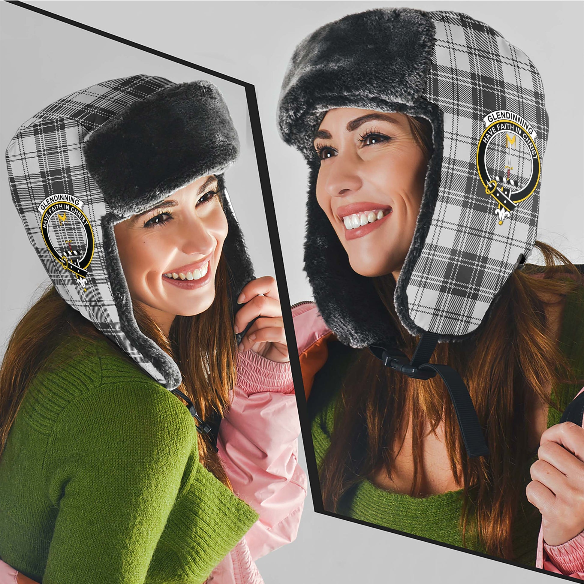 Glendinning Tartan Winter Trapper Hat with Family Crest - Tartan Vibes Clothing