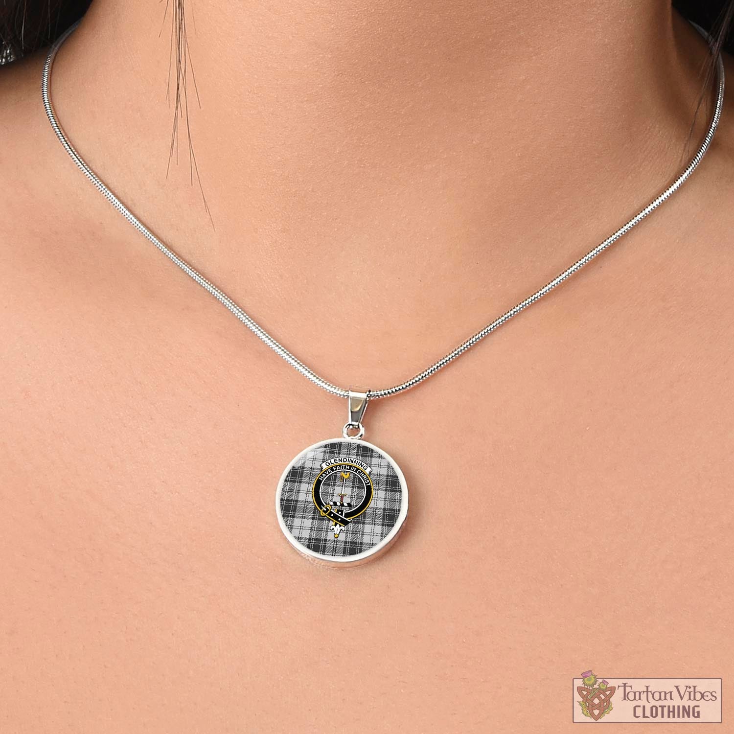 Glendinning Tartan Circle Necklace with Family Crest - Tartan Vibes Clothing