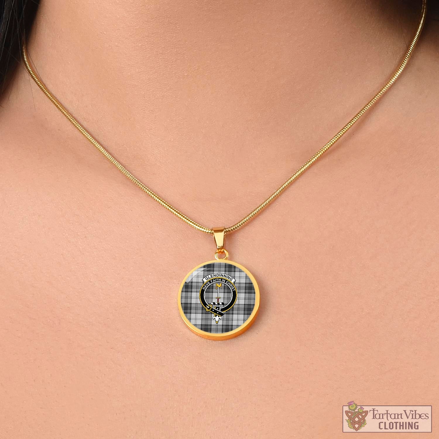 Glendinning Tartan Circle Necklace with Family Crest - Tartan Vibes Clothing