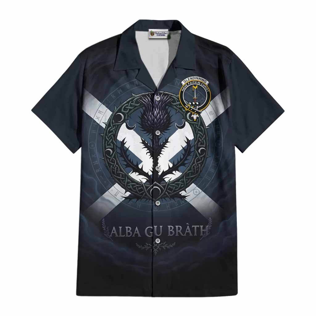 Glendinning Clan Crest Cotton Hawaiian Shirt with Celtic Knot Thistle and Saltire Adult - Tartan Vibes Clothing