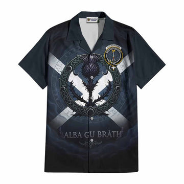 Glendinning Clan Crest Cotton Hawaiian Shirt with Celtic Knot Thistle and Saltire Adult - Tartan Vibes Clothing