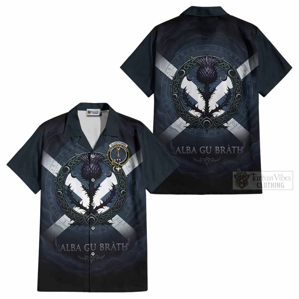Glendinning Clan Crest Cotton Hawaiian Shirt with Celtic Knot Thistle and Saltire - Tartan Vibes Clothing