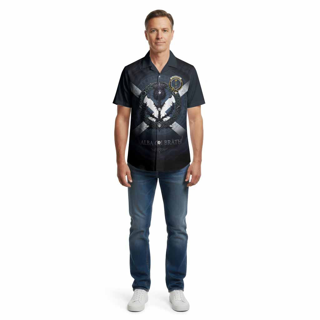 Glendinning Clan Crest Cotton Hawaiian Shirt with Celtic Knot Thistle and Saltire - Tartan Vibes Clothing