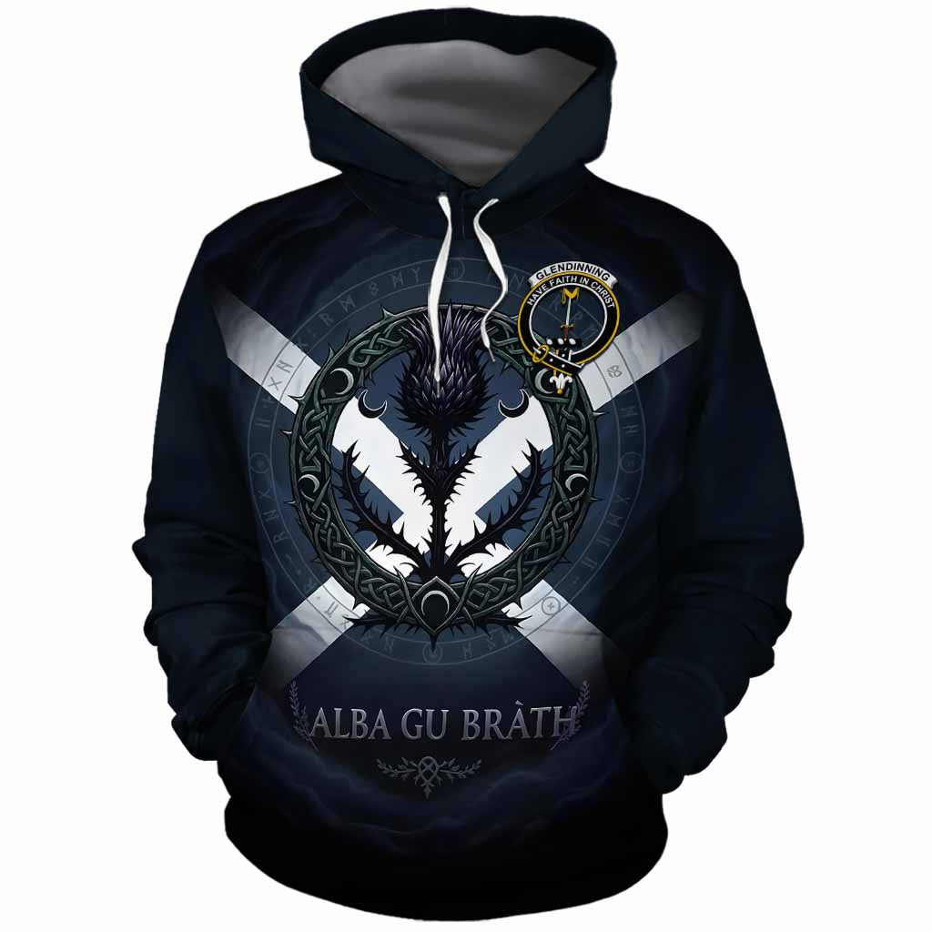 Glendinning Clan Crest Cotton Hoodie with Celtic Knot Thistle and Saltire