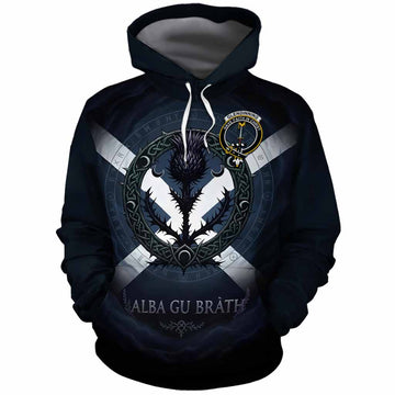Glendinning Clan Crest Cotton Hoodie with Celtic Knot Thistle and Saltire