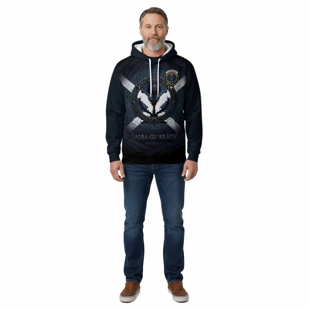 Glendinning Clan Crest Cotton Hoodie with Celtic Knot Thistle and Saltire